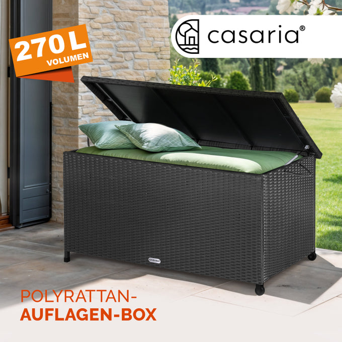 Casaria Polyrotan Cushion Box - équipé de deux ressorts à gaz, d'un revêtement intérieur imperméable et de deux roulettes - pour coussins d'assise et accessoires de jardin - acier laqué noir - cent dix-sept centimètres de long, cinquante-trois centimètres