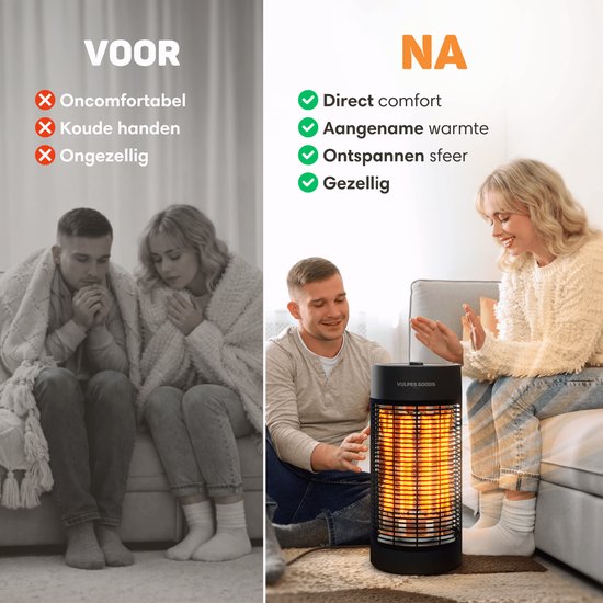 Vulpes Goods® Tech - Chauffage infrarouge - Réchaud électrique - Réchaud infrarouge - Chauffage d'appoint intérieur et extérieur - 1200W - Rotation 120°/360° - 2 niveaux de chaleur - Compact et portable - Silencieux - Résistant à l'eau IPX4 - Noir