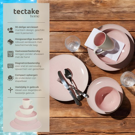 tectake® Service de table Mare - 30 pièces - Grès à émail brillant - Pour 6 personnes - Service de table fait main - Service de table moderne comprenant des grandes et petites assiettes, des bols, des coupelles et des tasses - Lavable au lave-vaisselle et