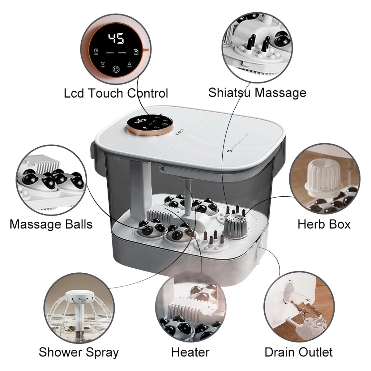 Bain de pieds électrique avec massage KASJ T6 – 4 rouleaux rotatifs, acupression des talons, chauffage de 35 à 48 °C, minuterie et vidange rapide