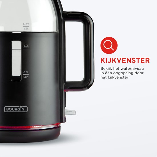 Bouilloire en verre Bourgini - Noir mat - Utilisation sans fil - Remplissage facile par le couvercle - Grande capacité de 1,5 L - Sans BPA