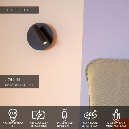 Lucide JOLIJN - Lampe de chevet / applique murale rechargeable - Batterie rechargeable / piles - Ø 10,2 cm - LED - 1x2 W 3000 K - Fixation magnétique - Noir