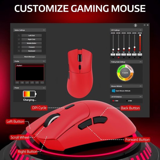 ATTACK SHARK R1 Superlight Gaming Mouse 59g - Rouge - 12.2 × 6.4 × 3.8 cm - Sans fil et filaire - Jusqu'à 18 000 DPI - 65 heures d'autonomie de la batterie