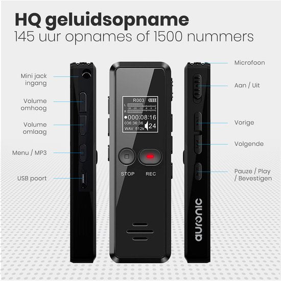 Auronic Enregistreur vocal numérique - Dictaphone - Stockage 8GB - Réduction de bruit - Rechargeable par USB - Ecoute clandestine - Noir