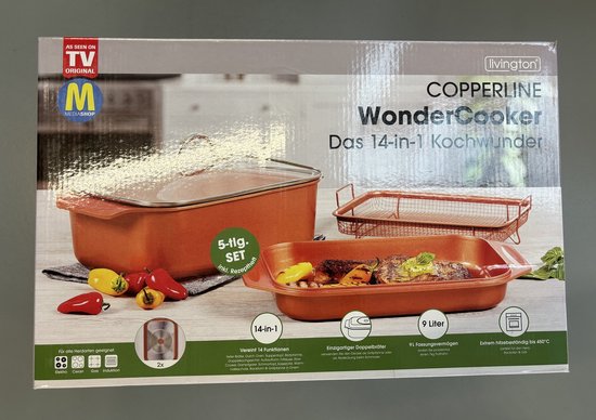 Livington Copperline WonderCooker - Set de cuisine 14 en 1 - cocotte, poêle à griller, mijoteuse et plus encore - Set de cuisine compatible avec tous les types de cuisinières, y compris à induction