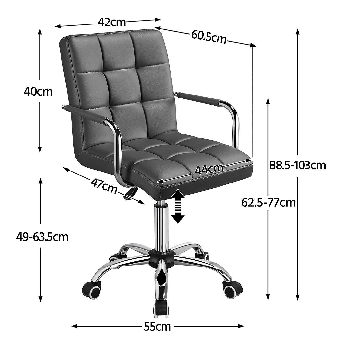 Chaise de bureau Yaheetech - Grise - Cuir PU - Hauteur réglable - Pivotante à 360° - Avec accoudoirs