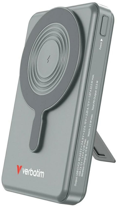 Powerbank Verbatim 10 000 mAh Charge N Go avec support magnétique, recharge sans fil et écran TFT