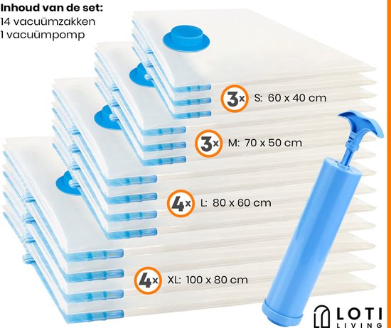 Loti Living Vacuum Bag Set - 14 Pieces / 4 Sizes - Incl. Hand Pump - Reusable Storage Bags for Clothes, Quilts & Travel - Saving up to 80% Space (en anglais)
