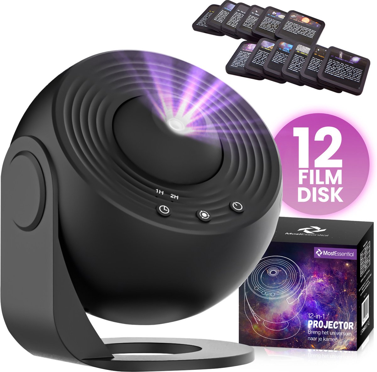 Lampe de projecteur 12 en 1 - MostEssential Premium - Projecteur d'Étoiles, Galaxie, Ciel Étoilé, Espace et Univers - 12 W - Noir