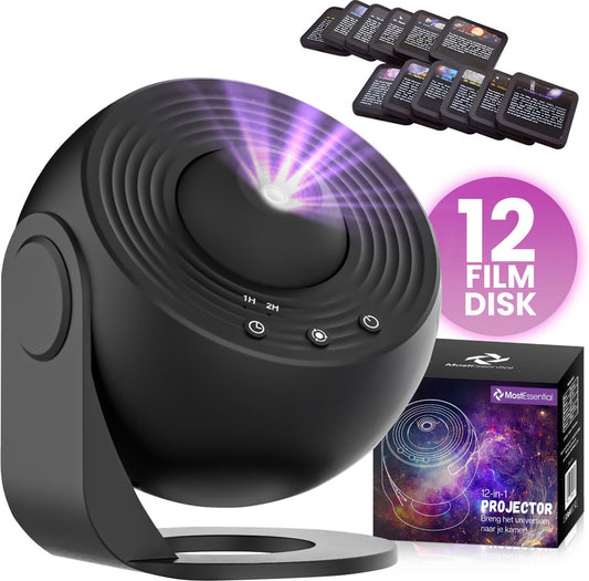 Lampe de projecteur 12 en 1 - MostEssential Premium - Projecteur d'Étoiles, Galaxie, Ciel Étoilé, Espace et Univers - 12 W - Noir