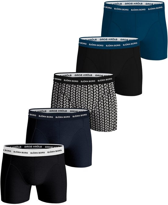 Björn Borg Cotton Stretch Boxer Shorts Men - Black/Print/Blue - 5 pièces - Pantalon homme - Boxer - Taille M