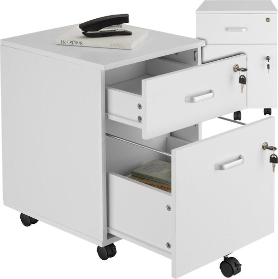 tectake® Meuble à tiroirs - Avec 2 tiroirs verrouillables, roulettes verrouillables - Meuble à roulettes - Organisateur - Parfait pour un lieu de travail organisé - Bureau, bureau d'étude, home office - Blanc