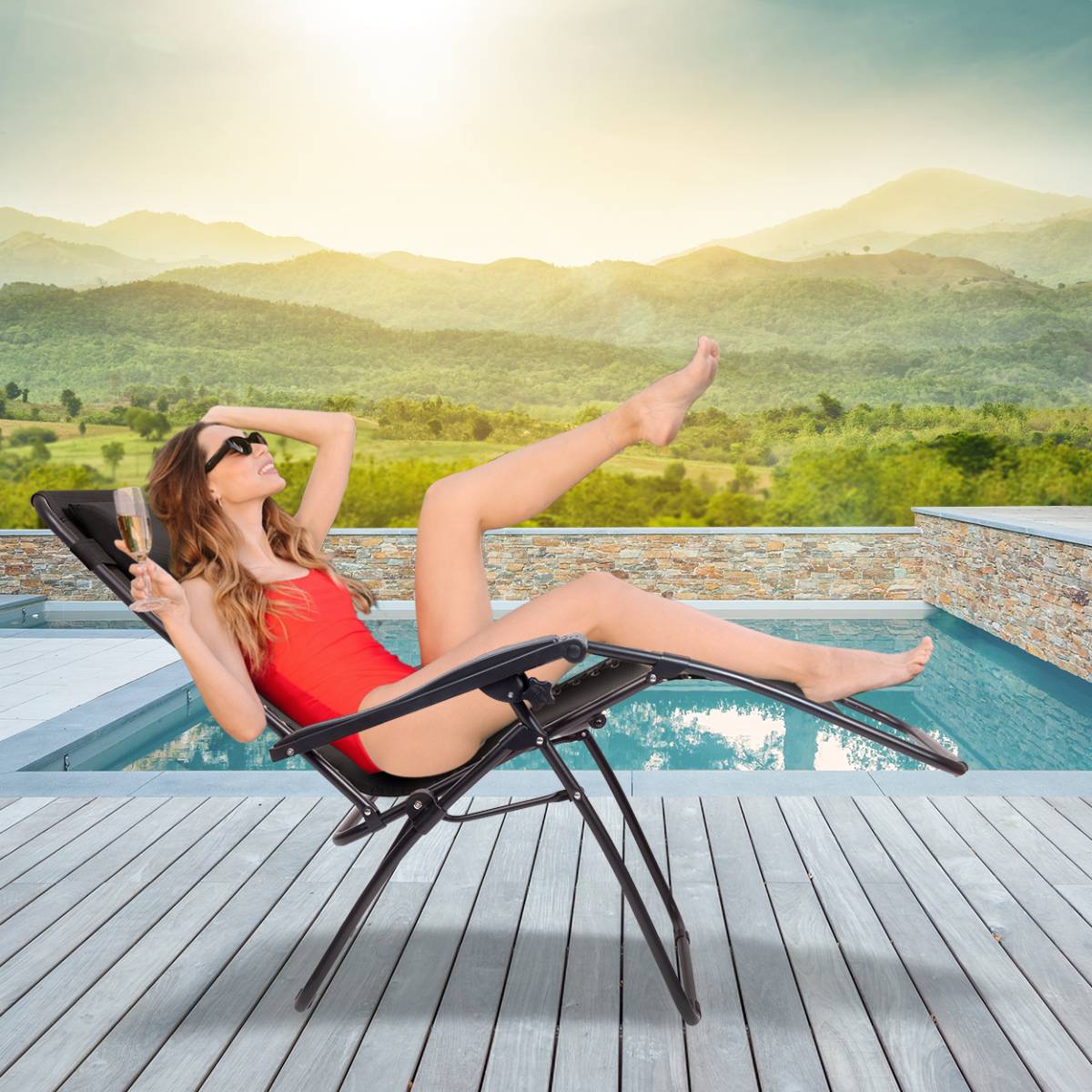 Chaise longue pliable LifeGoods 162 x 64 x 110 cm - Réglable - Porte-gobelet/porte-téléphone - Noir