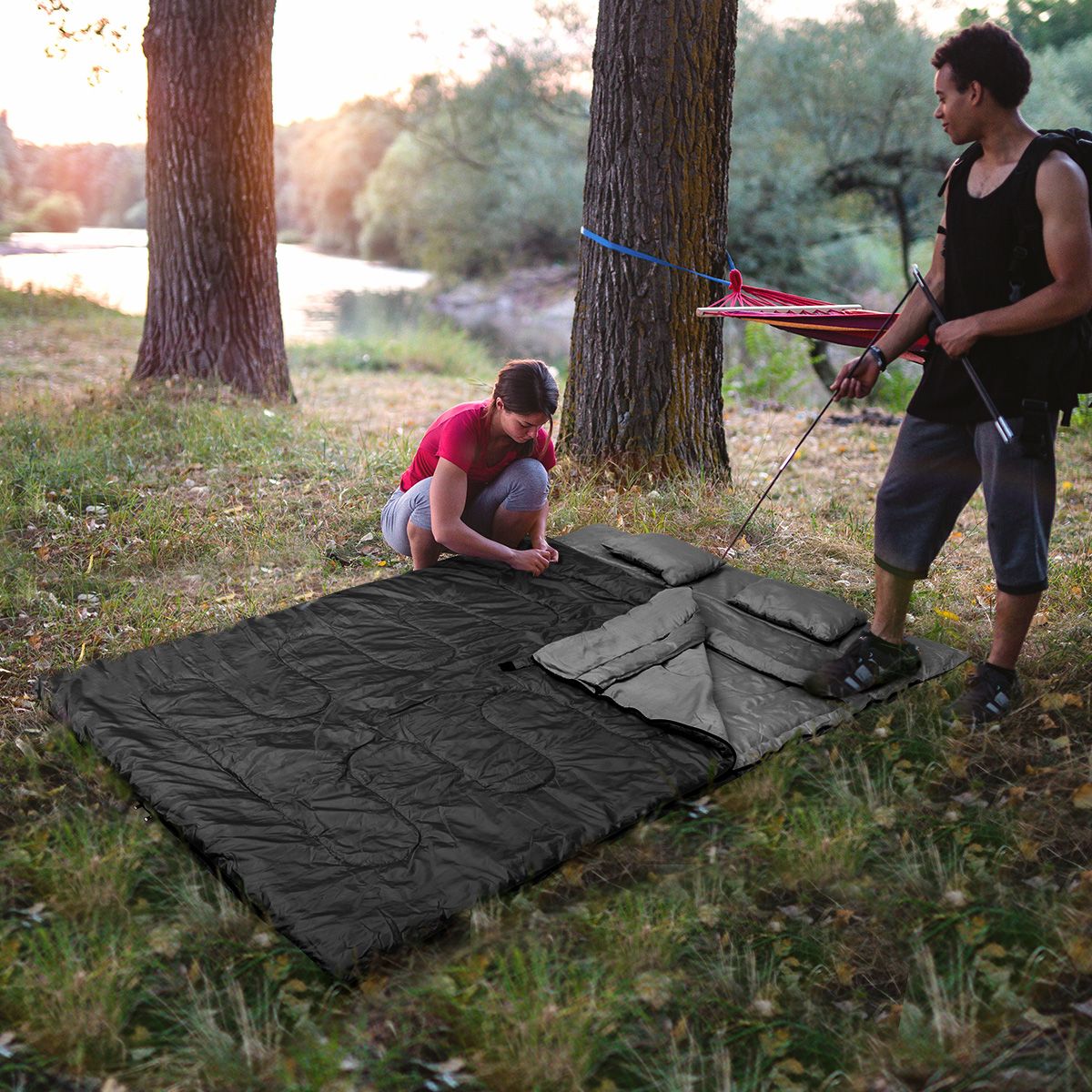 Sac de couchage Coast double avec 2 oreillers - double - avec sac de transport - imperméable - 220 x 150 cm - noir