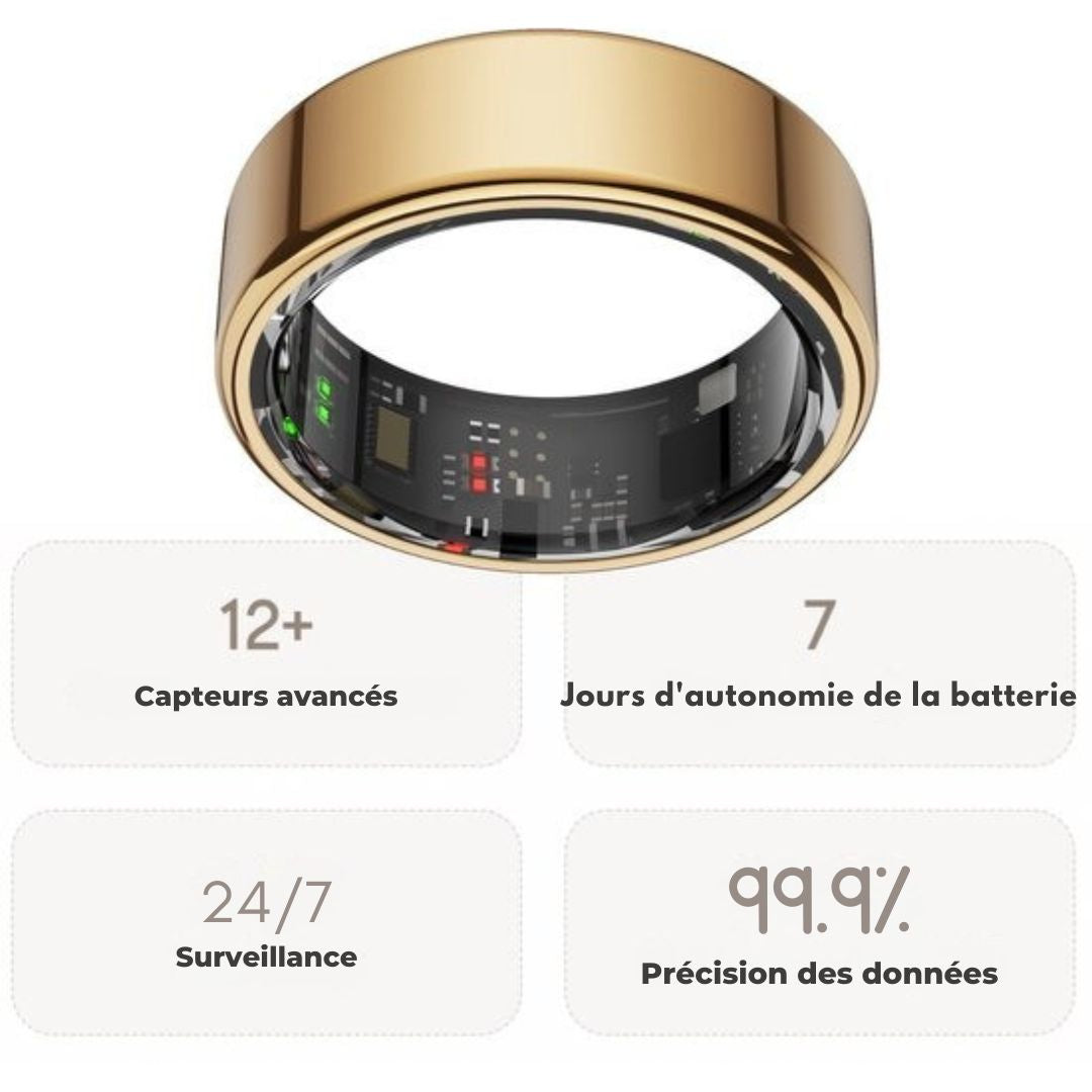 Bague connectée - Smart Ring Focus® S1 - Taille 9 - Fréquence cardiaque - Cycle menstruel - Moniteur de sommeil - Performance sportive - Podomètre - Etanche à l'IP68 - Mesure de l'O2 - Femmes - Hommes - Etui de recharge - Or