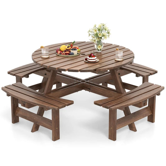 Ensemble de table de pique-nique Coast - 166,5 x 166,5 x 76 cm - 8 personnes - Bois - Trou pour parasol - Marron