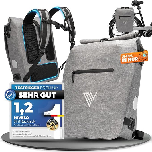 MIVELO Pannier - Sac à dos et sac à bandoulière 3-en-1 - Polyuréthane thermoplastique imperméable - 20 litres - Gris
