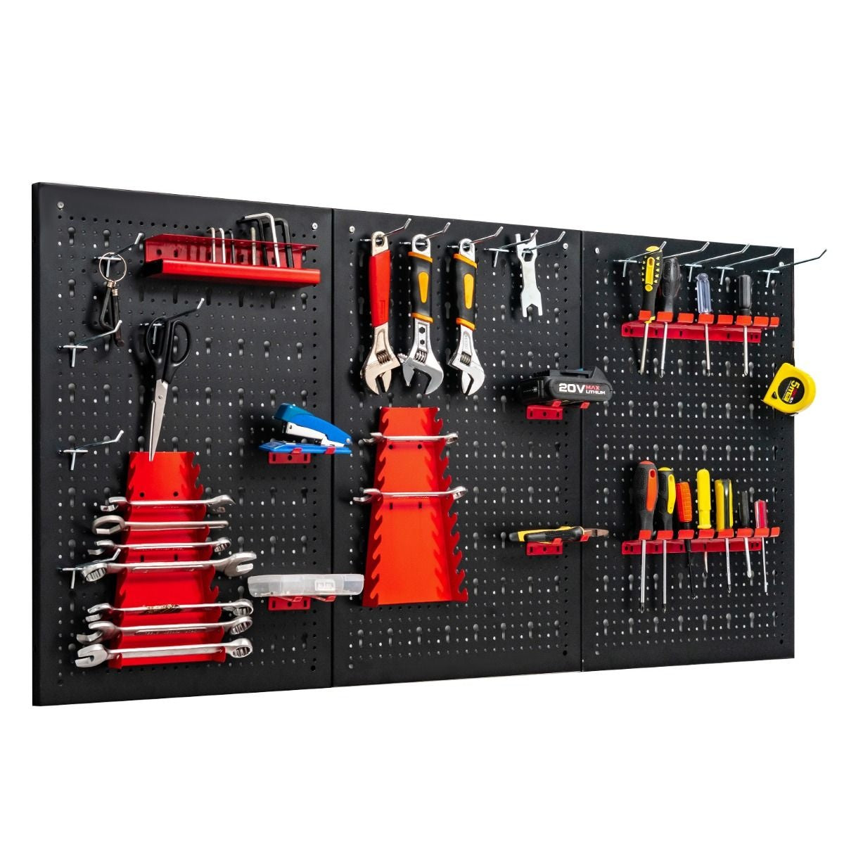 Pegboard Wall Organizer Metal Pegboard Tools Storage Kit with 3 Pegboards & 25 Hanging Accessories Black+Red
