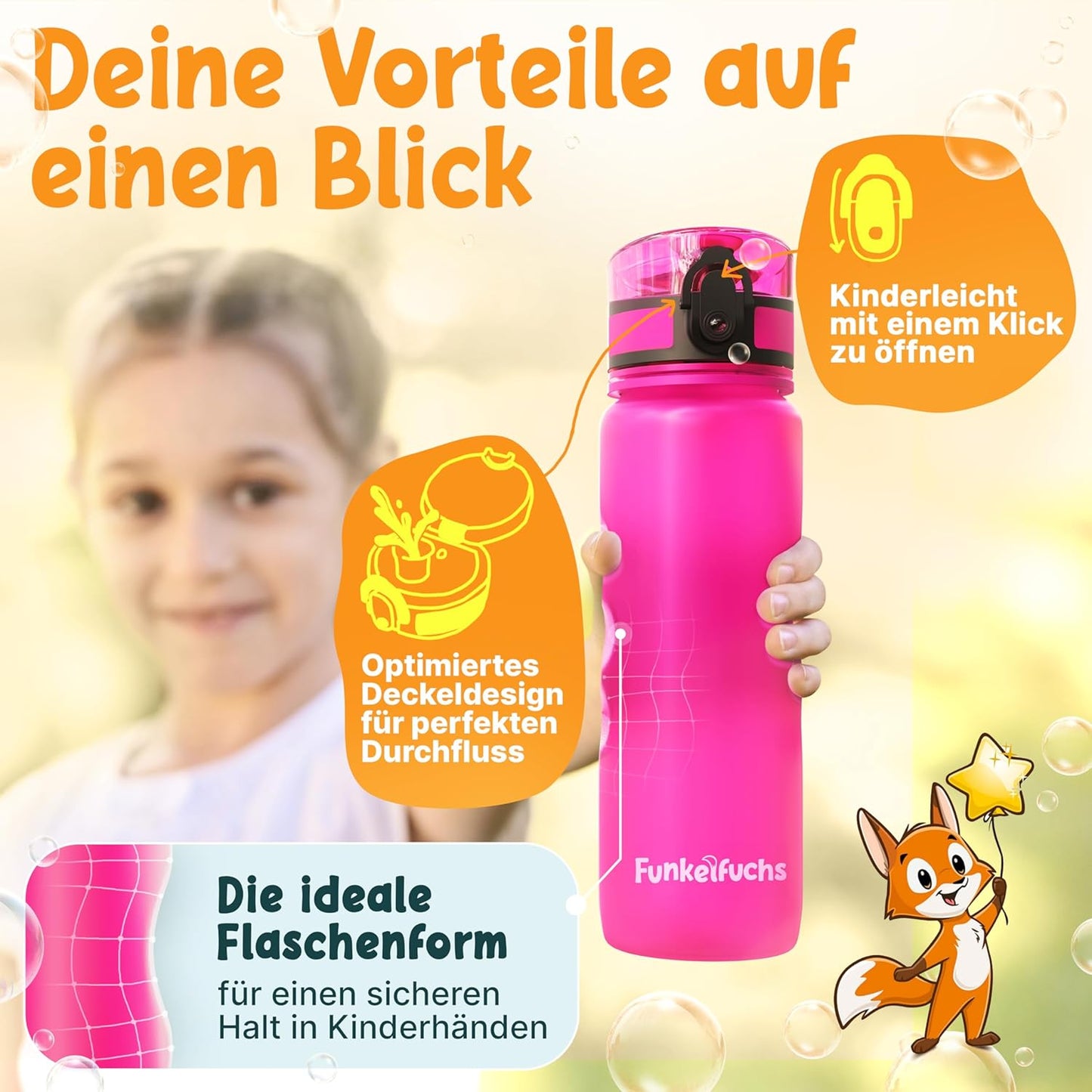 Funkelfuchs® gourde pour enfants - 500ml, rose - gazeuse - 100% étanche - bouteille d'eau lavable au lave-vaisselle - pour la maternelle, l'inscription à l'école, l'école, le sport