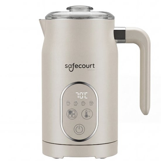 Safecourt kitchen Mousseur à lait électrique - 100% sans PFAS - Affichage et contrôle de la température - 4 en 1 - 350ml - Beige
