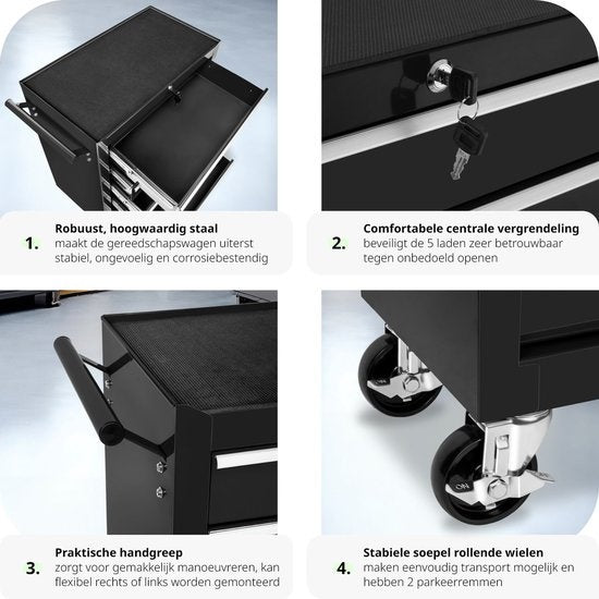 tectake® - Gereedschapswagen met 5 lades - zwart- 402797