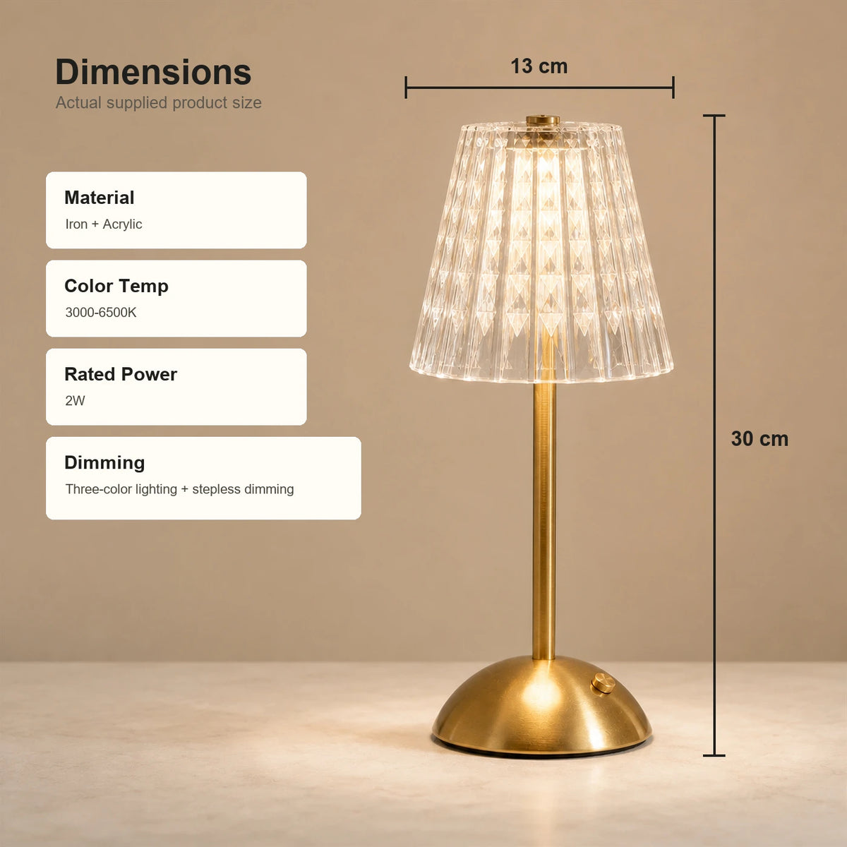 Lampe de table LED sans fil avec commande tactile - 3 couleurs de lumière - Intensité réglable en continu - 1 800 mAh - Rechargeable via USB-C - 8 à 10 heures - Or