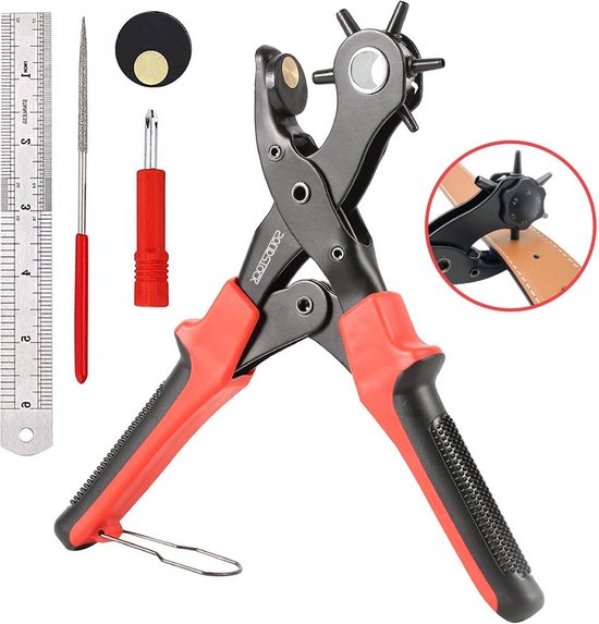 SolidStock Pince à trous pour ceinture - avec bâton de mesure - Pince à perforer - Pince revolver - Pince à trous - Rouge
