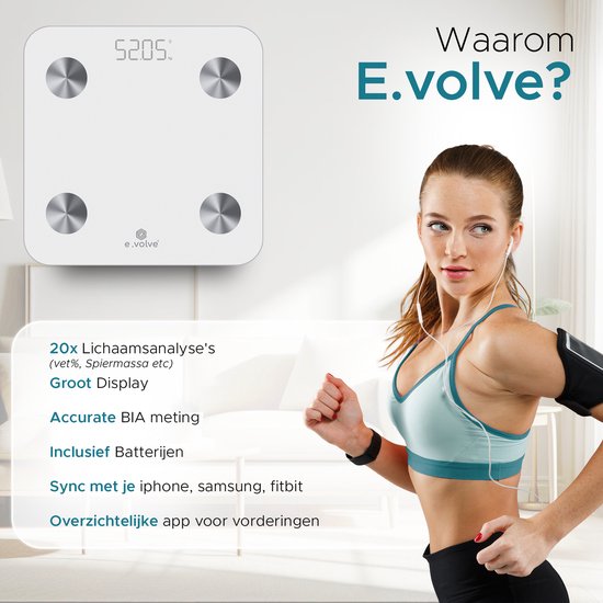 e.volve Scales Personal Scale Digital - 20x - White - Smart Scale with Body Analysis - Precision Scales - Scales - Digital Scales - Incl. App.