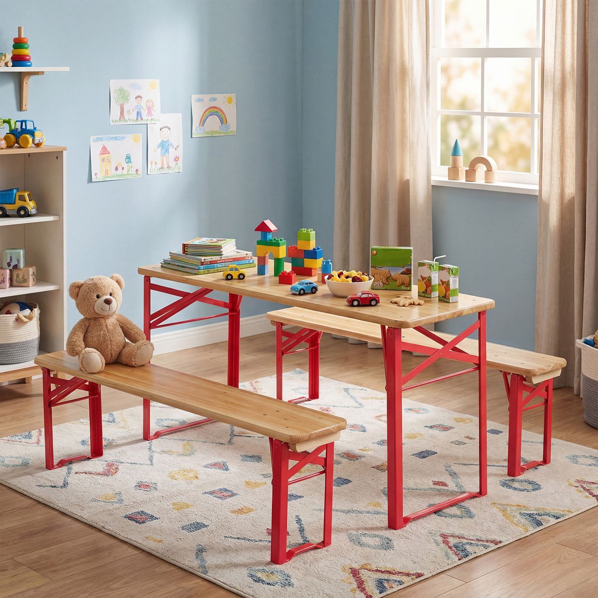Ensemble de pique-nique pour enfants Coast - table de pique-nique pliable avec 2 bancs - bois de sapin et métal - rouge