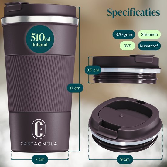 Mug isotherme Castagnola - Mug à café à emporter - Mug de voyage pour café et thé - Mug à thé - 510 ml - Acier inoxydable - Marron