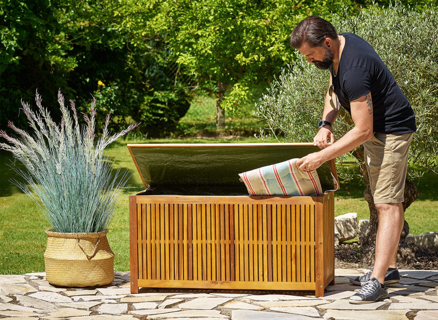 Boîte de rangement de jardin - Casaria - Bois d’acacia avec revêtement intérieur - 117 x 50 x 59 cm - Marron
