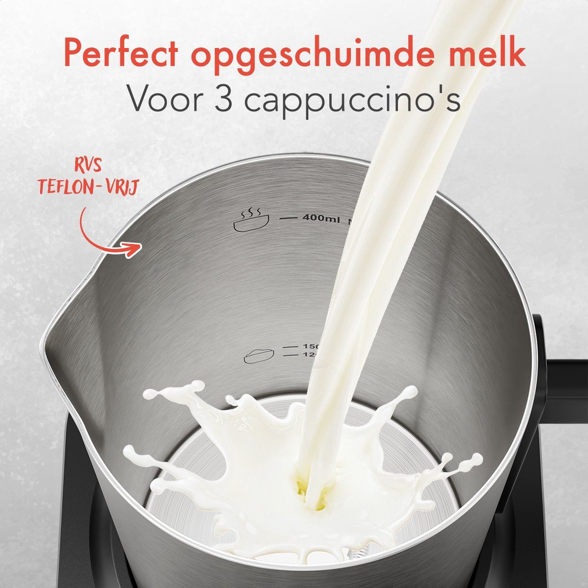 KitchenBrothers - Mousseur à lait électrique - Lavable au lave-vaisselle - 4-en-1 - 400 ML - Acier inoxydable/Noir