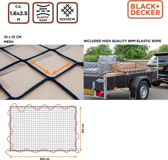 BLACK+DECKER Filet de remorque - 2 x 3 M - Elastique extensible - Dans sac de rangement - Noir