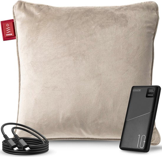 Coozie Heat Pillow Beige Velvet - Rechargeable électriquement - Oreiller chauffant sans fil - 45 x 45 cm