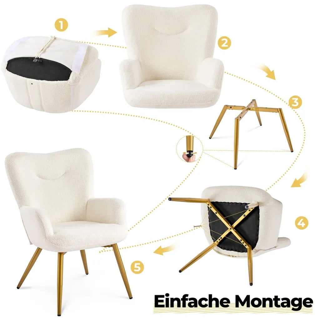 Fauteuil Yaheetech avec repose-pieds, bouclé, blanc/crème