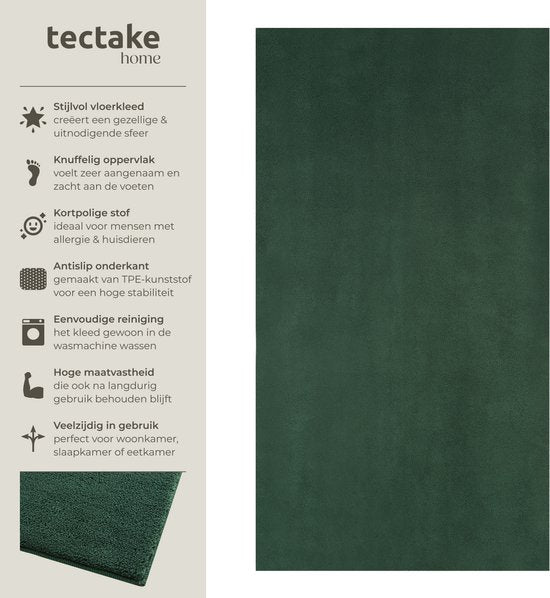 tectake® Tapis à poils courts - 80 x 150 cm - Vert - Tapis pour le salon, la chambre à coucher, la salle à manger - Facile d'entretien et lavable - Sous-couche antidérapante - Antiallergique - Diverses tailles et couleurs