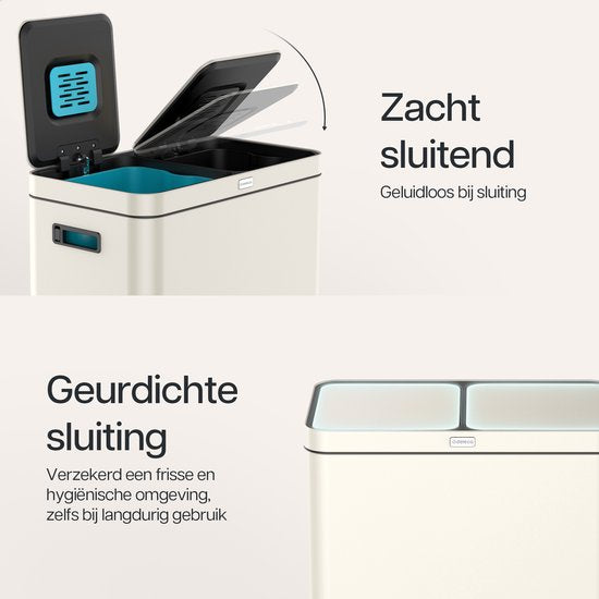 Deleca Recycle Bin with 2 Compartments - 60 Litres (2x30) Waste Bin - Waste Separation / Deposit Container / Pedal Bin - Garbage Bin with FreshAura Odour Control - Slow Close - Stainless Steel Cream White