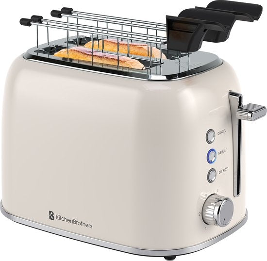 KitchenBrothers Grille-pain avec pinces à sandwich - Grille-pain - 6 niveaux de chaleur - Fentes larges - Grille-pain pour machine à sandwich - 870 W - Beige