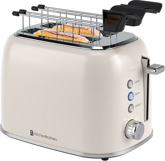KitchenBrothers Grille-pain avec pinces à sandwich - Grille-pain - 6 niveaux de chaleur - Fentes larges - Grille-pain pour machine à sandwich - 870 W - Beige