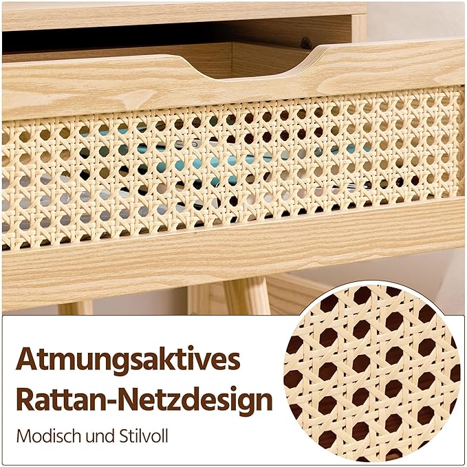 Table de chevet Yaheetech avec tiroir en rotin – Marron clair – 48,5 x 41 x 57,5 cm – Pieds en bois