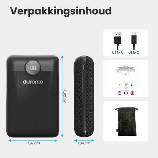 Auronic Powerbank - Chargeur rapide iPhone et Samsung - 20 000 mAh - 22,5W - 3 ports de charge - Chargement rapide via USB-A et USB-C - Noir