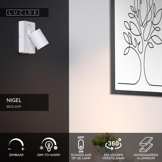 Lucide NIGEL - Lampe de chevet / Applique murale - LED à intensité variable et couleur de lumière réglable - CCT - GU10 - 1x5 W 2200 K/3000 K - Avec port de recharge USB - Blanc