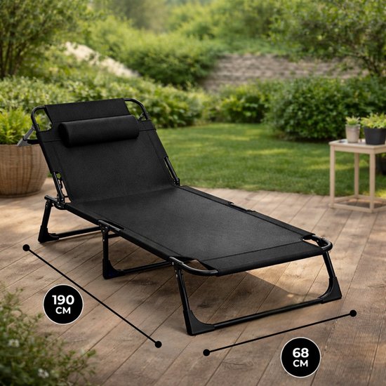 Outbee Lounger - Chaise longue - Lit de soleil - 190x55x30 cm - Pliable - Réglable - Résistant aux intempéries - Noir
