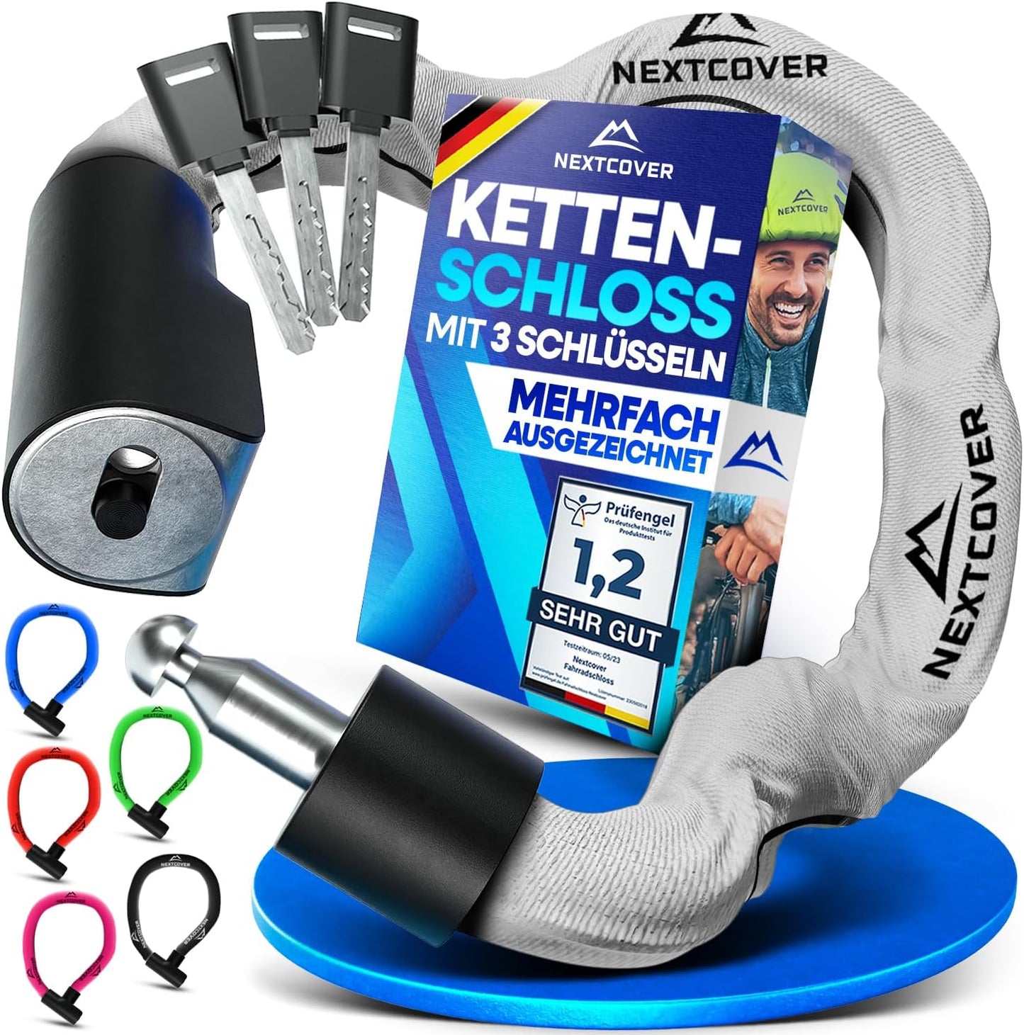 NEXTCOVER® Cadenas à vélo LockOne avec clé I - [SAFE] Cadenas à vélo haute sécurité I cadenas à chaîne robuste et durable I Cadenas à vélo, cadenas à vélo 3 clés