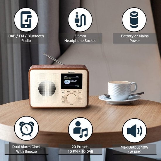 Denver DAB Radio - BIO PLASTIC - Radio rétro - DAB+ / FM Radio - Bluetooth - 40 présélections - DAB60DW