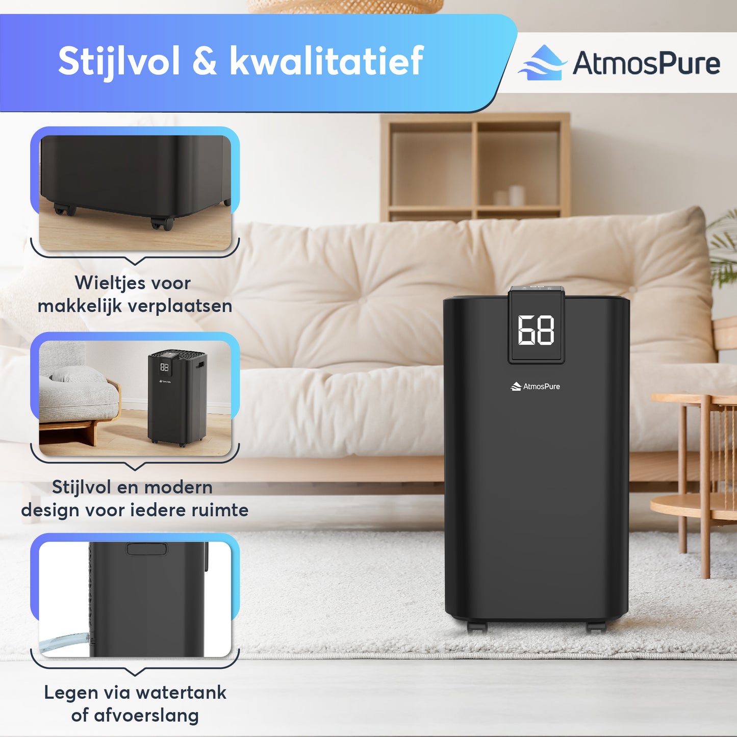 Déshumidificateur AtmosPure® AirDry Elite - 12L par jour - Fonction Lavage-Séchage - Purificateur d'air parfait pour la buanderie, la salle de bain, le salon et la cave - Noir - Déshumidificateur