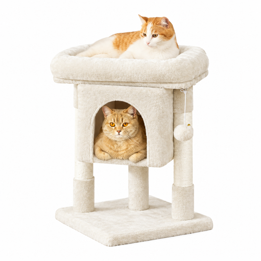 Arbre à chat Yaheetech - Beige - 40,5 x 40,5 x 59 cm - Abri pour chat, poteaux en sisal et balle à jouer