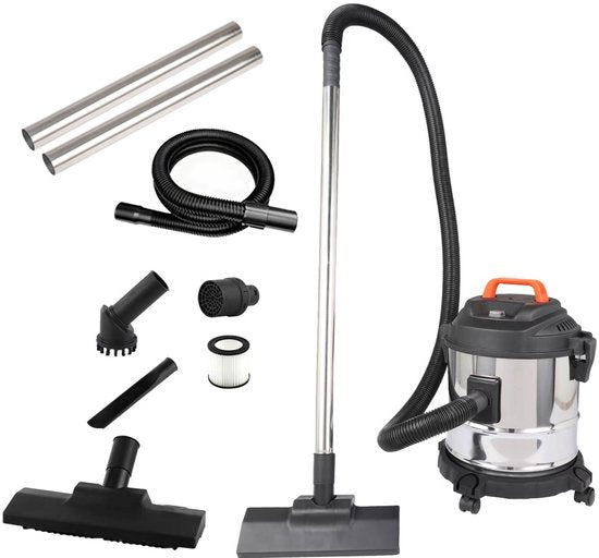 Fuegobird - Aspirateur électrique eau et poussière - Puissance de 2 000 W - Grande capacité de 18 L - Cordon de 4 m - Raccord pour soufflerie - 7 accessoires - Tuyau en plastique de 1,6 m - Filtre HEPA - Aspirateur de chantier - Aspirateur en acier inoxyd