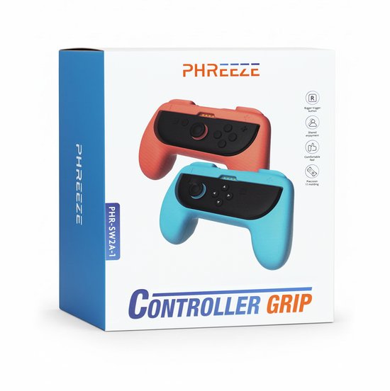 Poignées Phreeze Controller compatibles avec la Switch 2 Joy-Con : support - ergonomiques - avec gâchettes - rouges et bleues - lot de 2