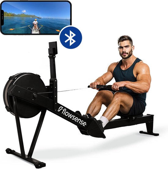 Rameur Flowsense à résistance pneumatique – Rameur professionnel – 10 niveaux de résistance – Pliable – Entraînement complet du corps – Application Bluetooth et écran LCD – Poids max. 200 kg – Rameurs – Pour la maison et la salle de sport